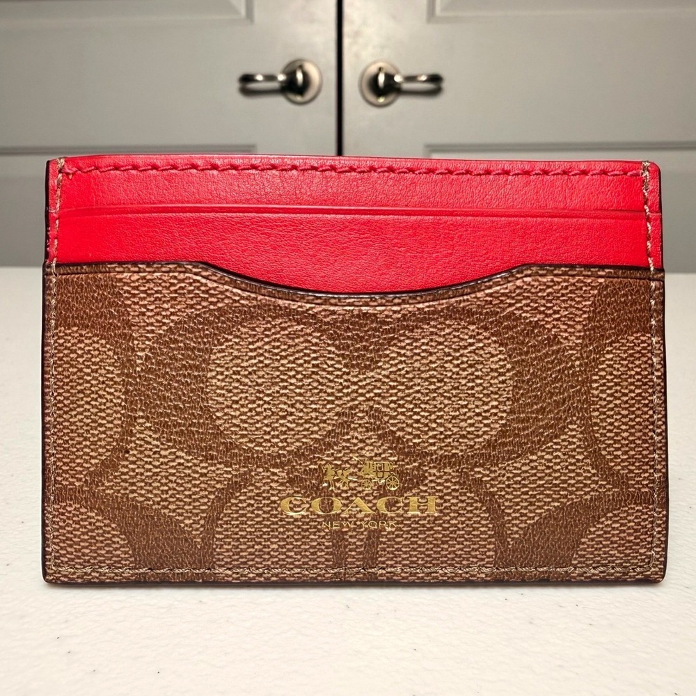 Coach Signature Card Case Wallet Brown Canvas Red Leather Gold Logo Slim